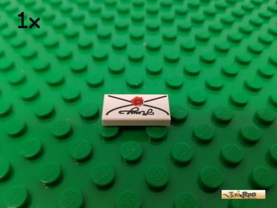 LEGO 1Stk Fliese / Kachel 1x2 wei bedruckt 3069bpx40